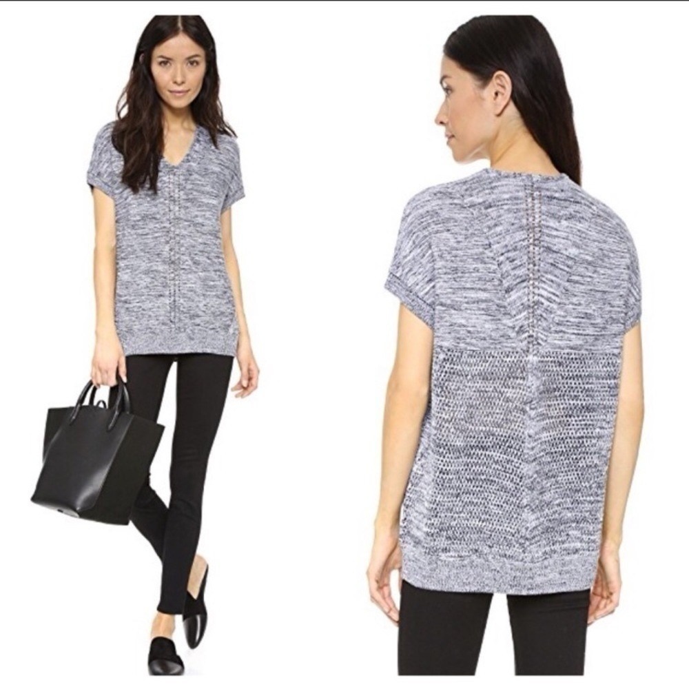 Vince Space Dye V-Neck Knit Sweater Navy White Pointelle Detail Small